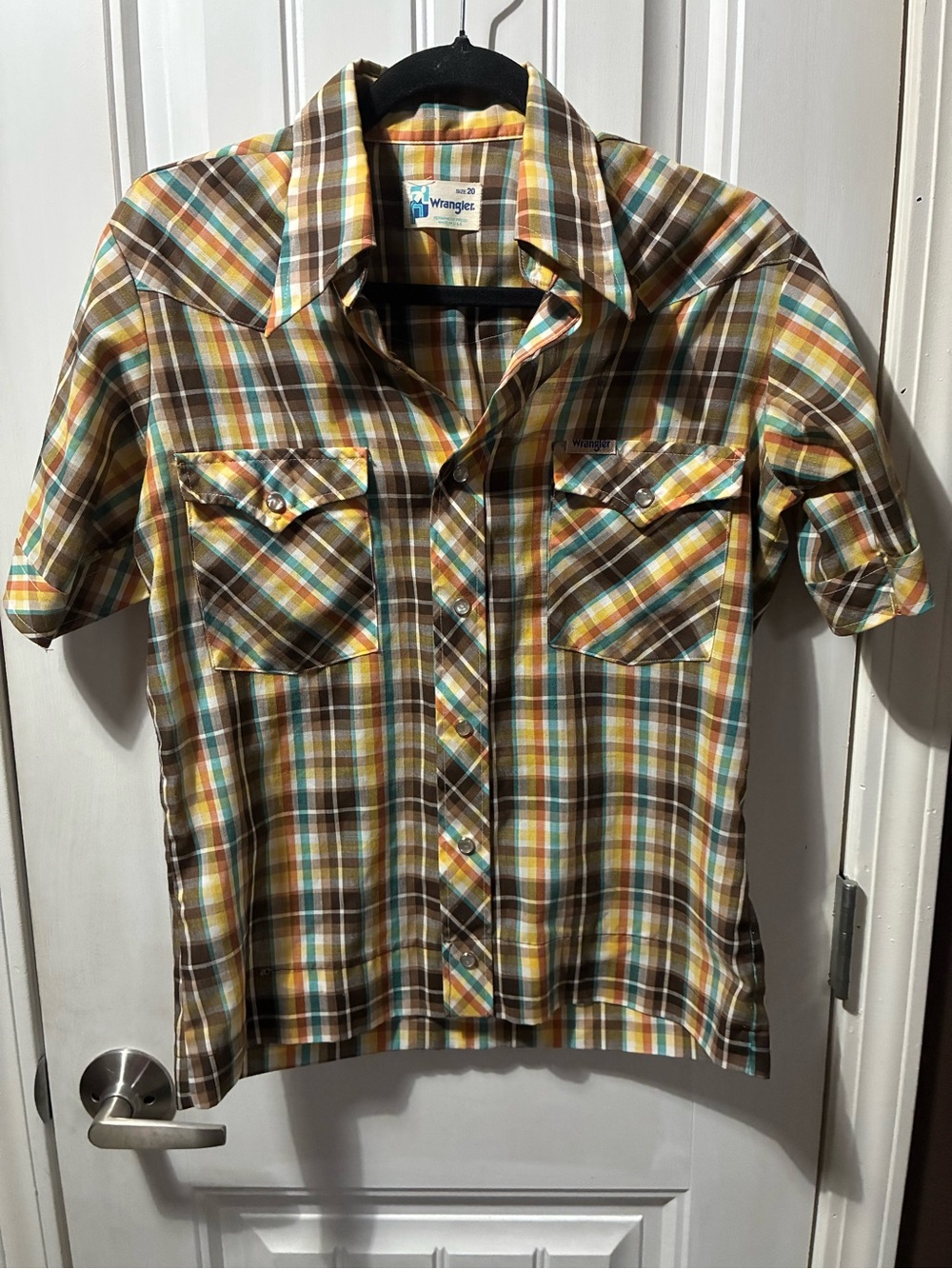 Wrangler Short Sleeve Plaid Shirt in Brown, Yellow & Teal